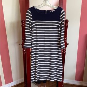 Navy and gray and white stripe sweater dress